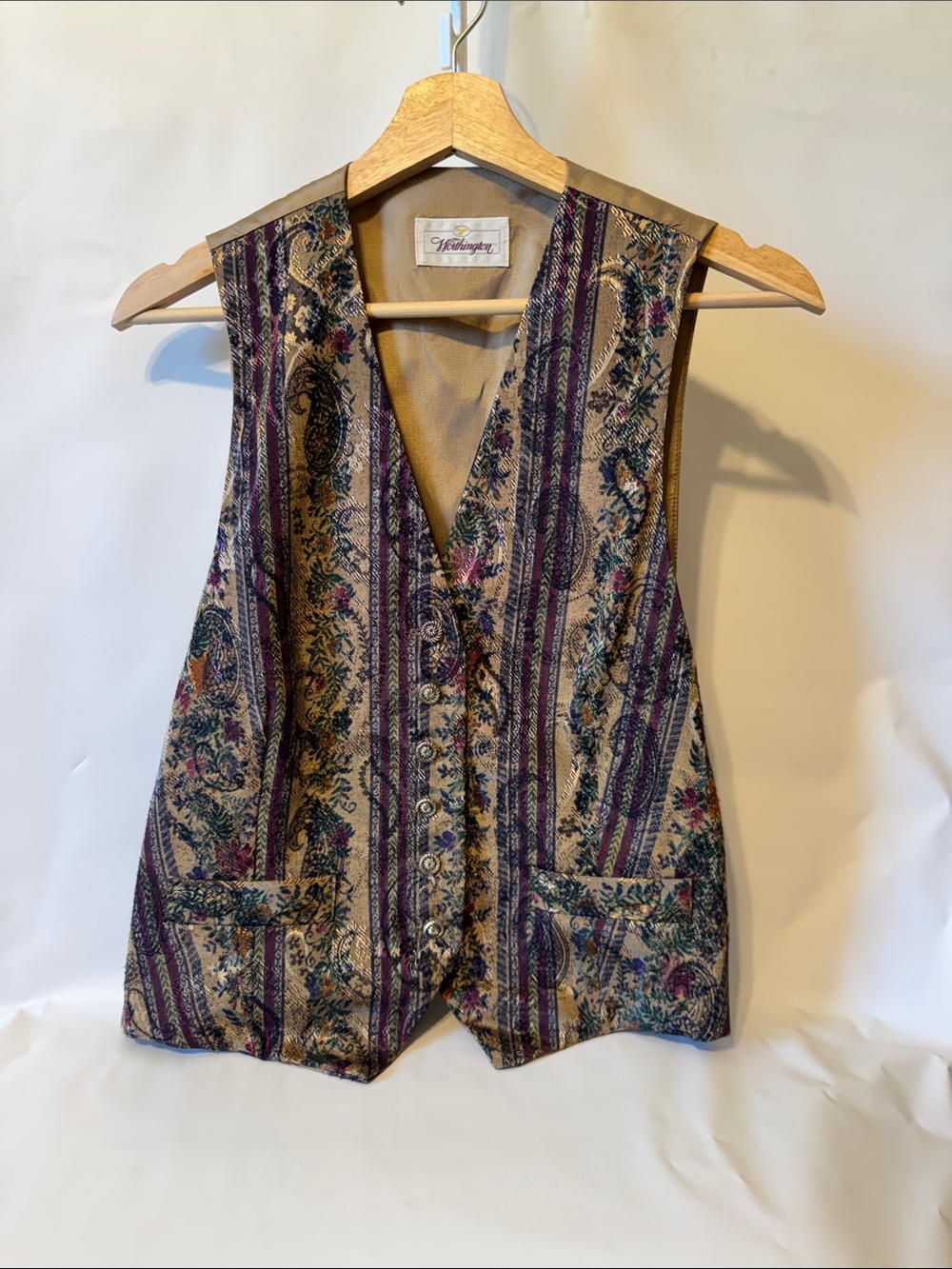 Worthington Beige Floral Stripe Vest with Purple Accents